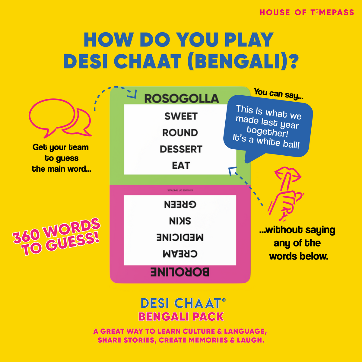 How to play the Bengali Pack: guess Rosogolla without saying sweet, round, dessert or eat