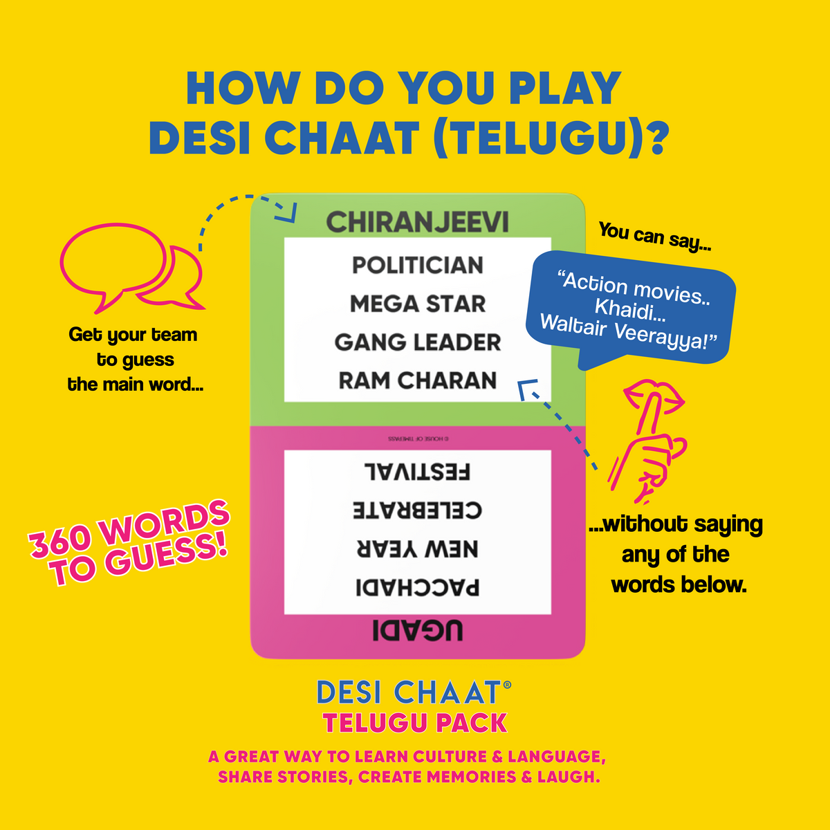 How to play the Telugu Pack: guess the Telugu word without saying the four words listed below it