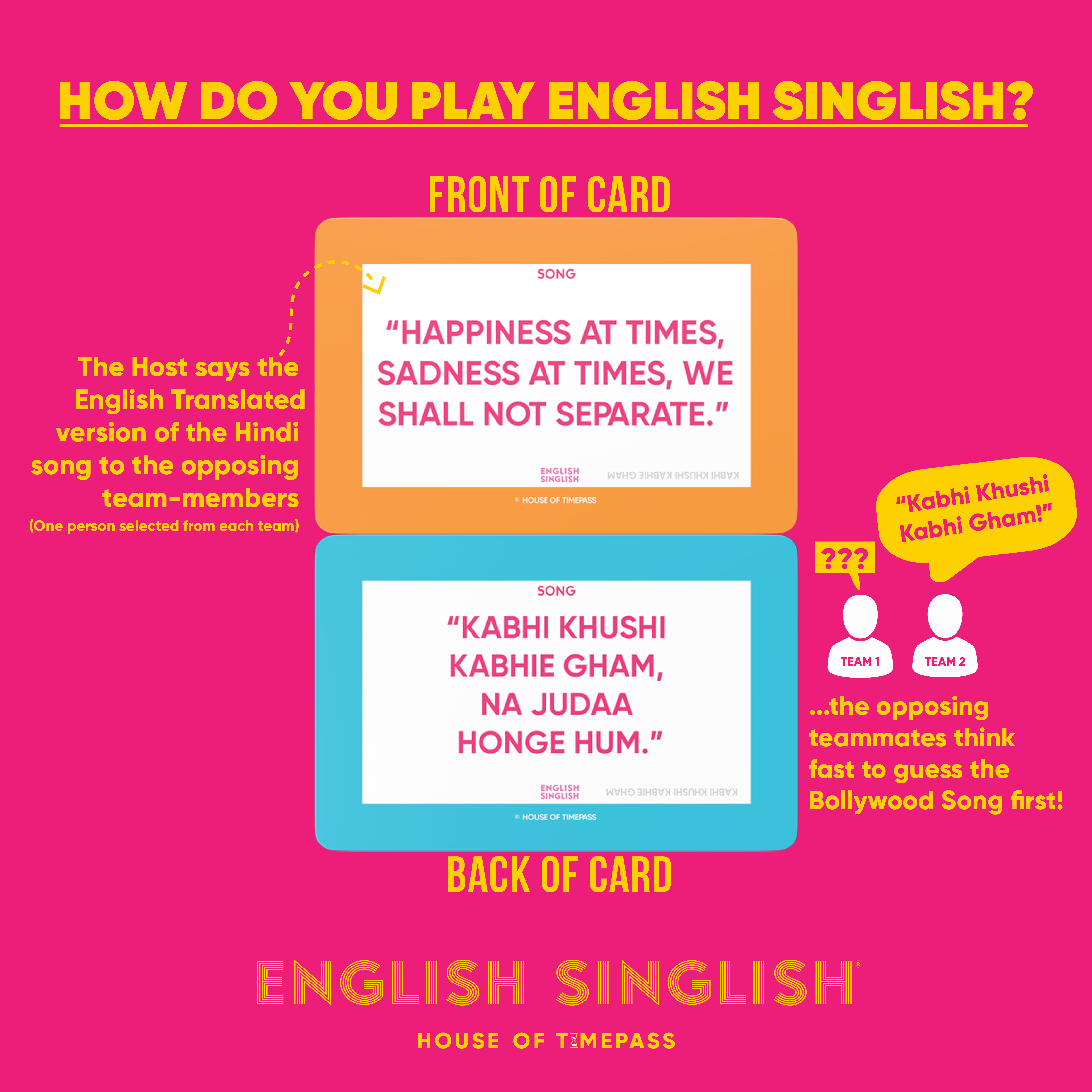 How to play English Singlish: the English translation is on the front, the Hindi song on the back