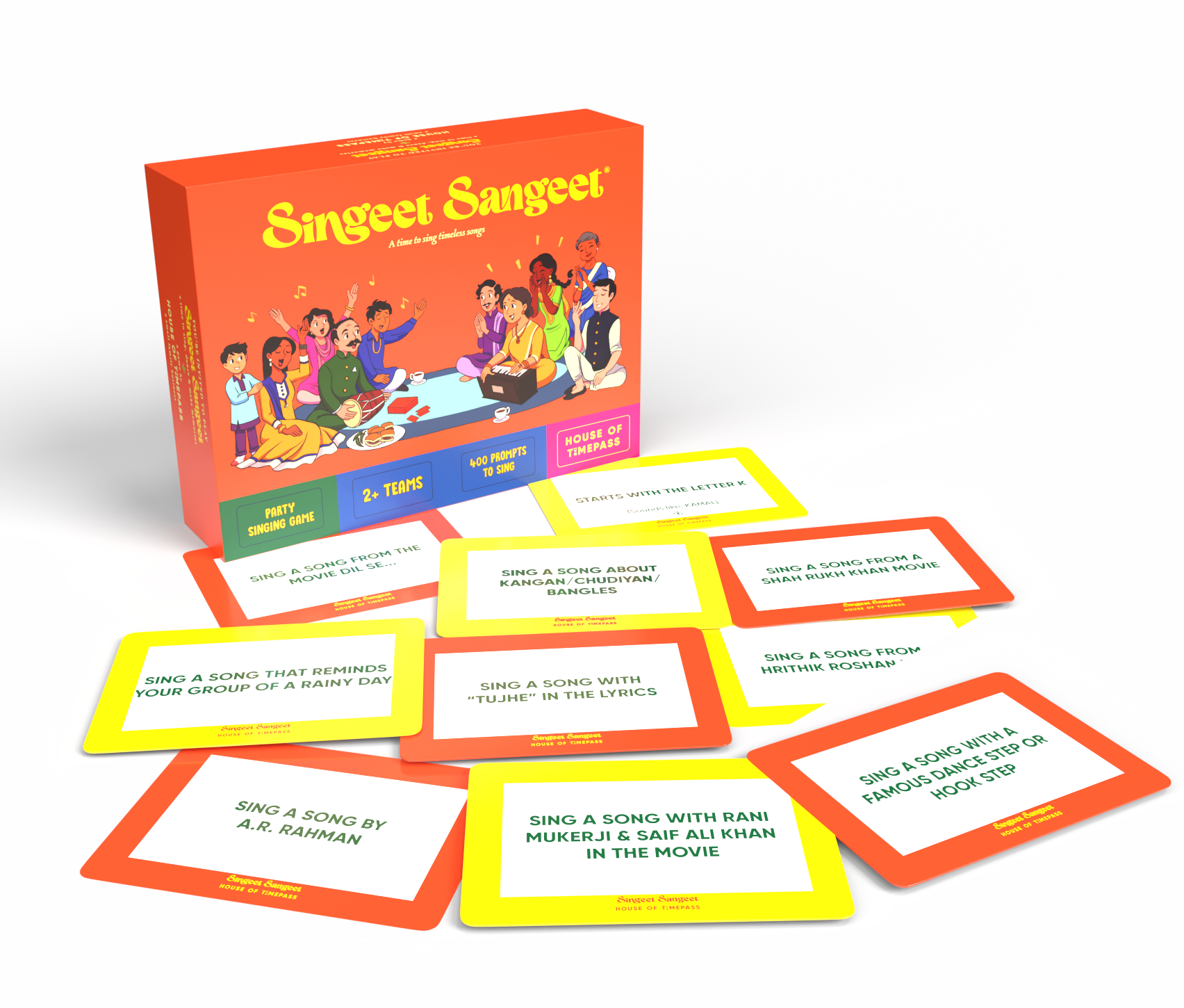 Singeet Sangeet box with singing prompt cards fanned out in front of it
