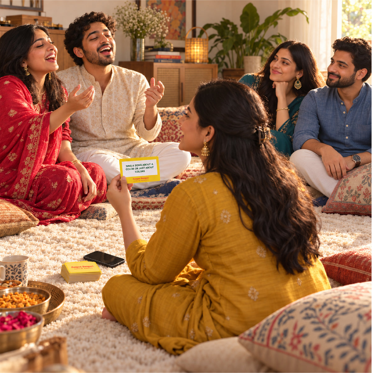 Friends playing Singeet Sangeet as the host holds a song prompt card