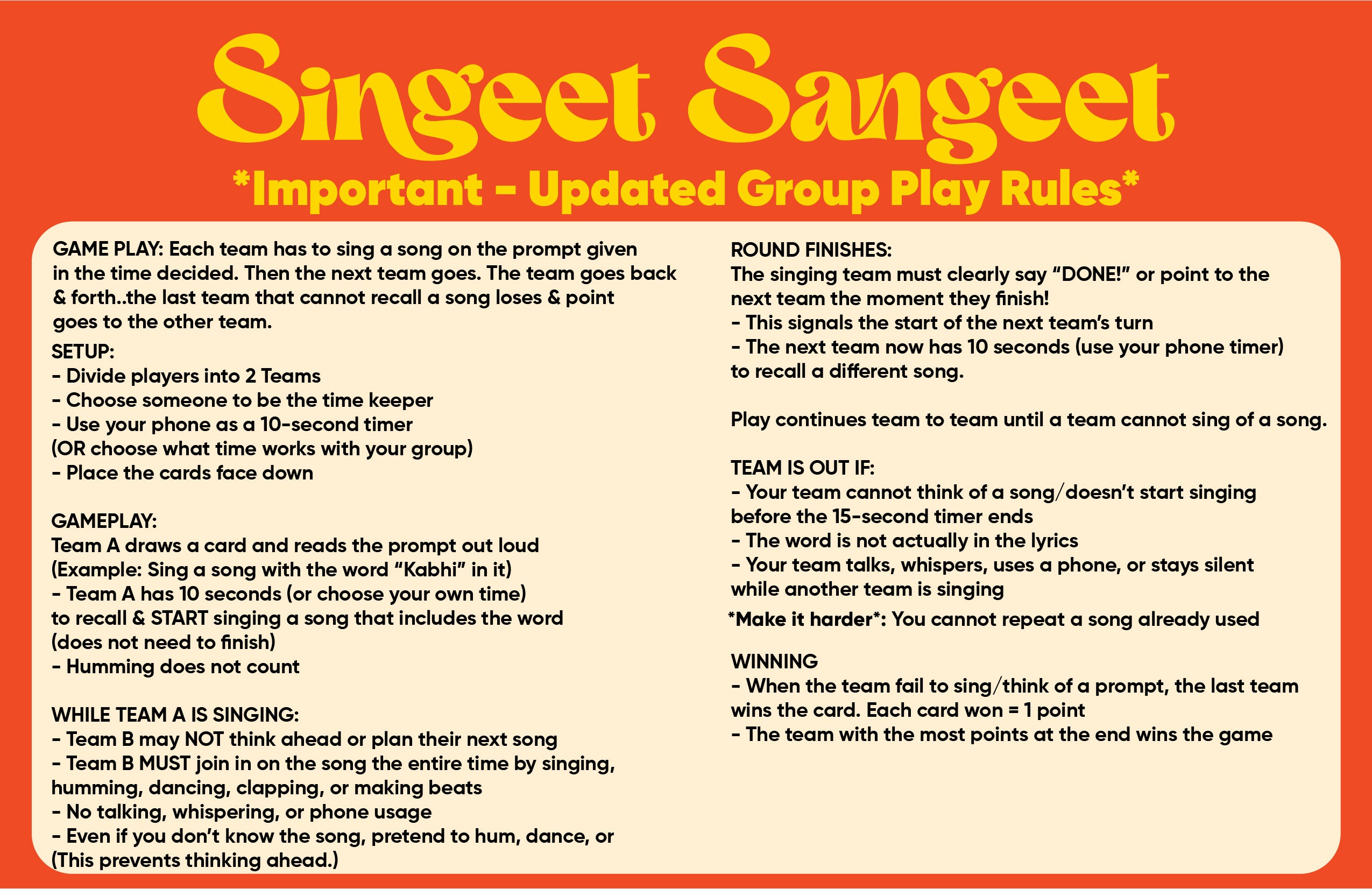 Singeet Sangeet rules sheet explaining group play and scoring