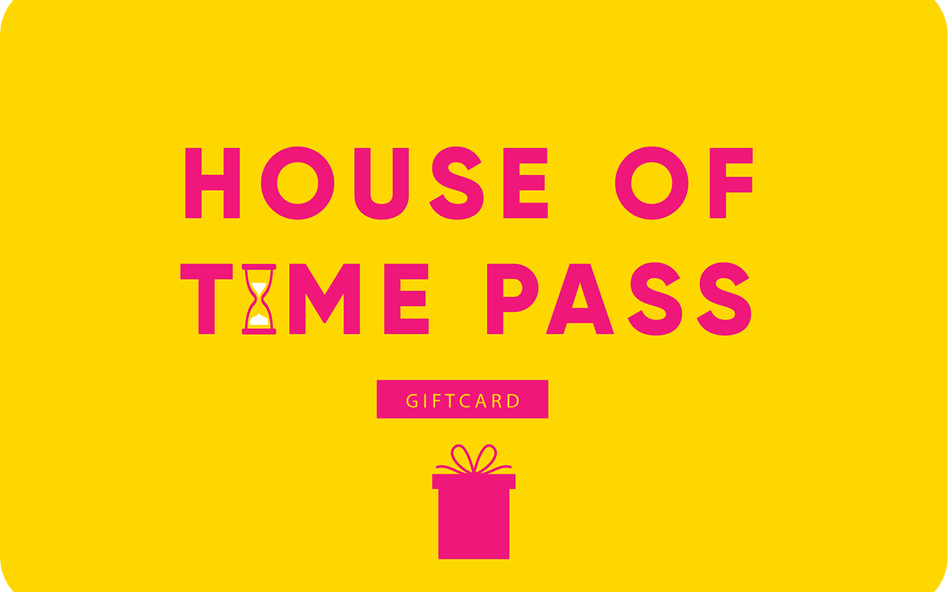 House of Timepass gift card with a pink gift icon on a yellow background